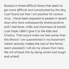Chris announced the news of being tested positive for the Corona Virus